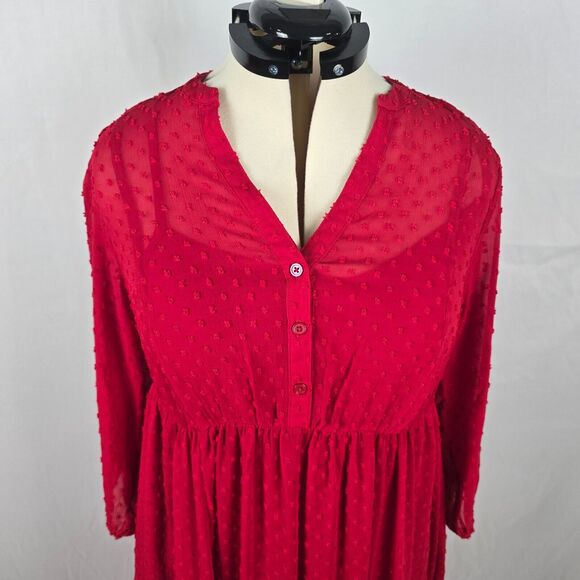 Torrid Dress Women's 0X 12 Red Midi Dot Chiffon Cottagecore Lagenlook 3/4 Sleeve - Picture 2 of 13